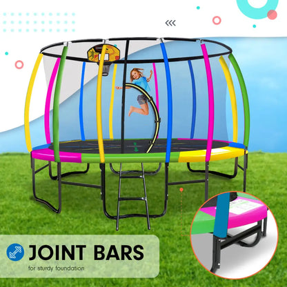 Kahuna 14ft Outdoor Trampoline Kids Children with Safety Enclosure Pad Mat Ladder Basketball Hoop Set - Rainbow
