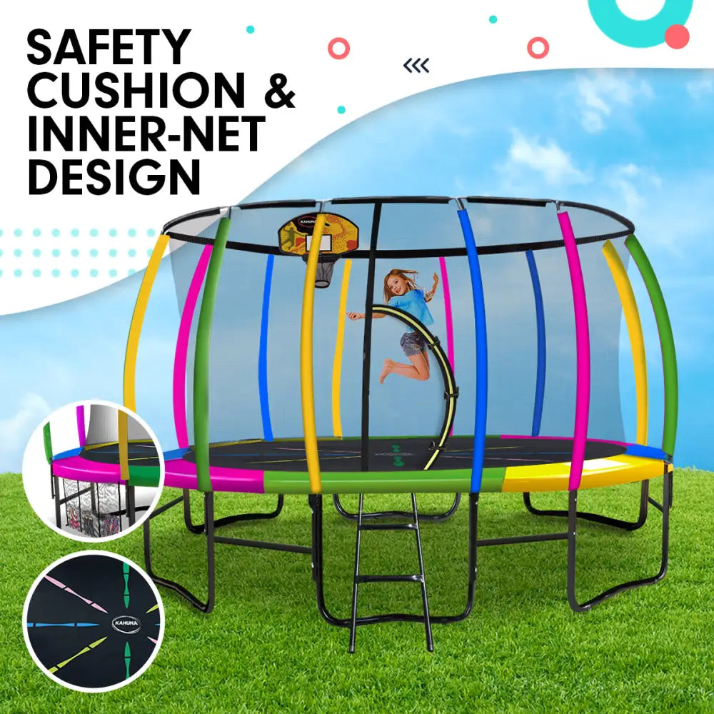 Kahuna 14ft Outdoor Trampoline Kids Children with Safety Enclosure Pad Mat Ladder Basketball Hoop Set - Rainbow