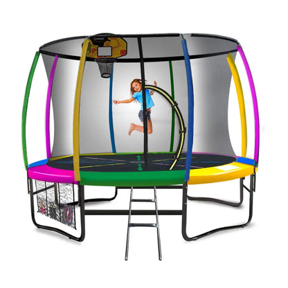 Kahuna 14ft Outdoor Trampoline Kids Children with Safety Enclosure Pad Mat Ladder Basketball Hoop Set - Rainbow