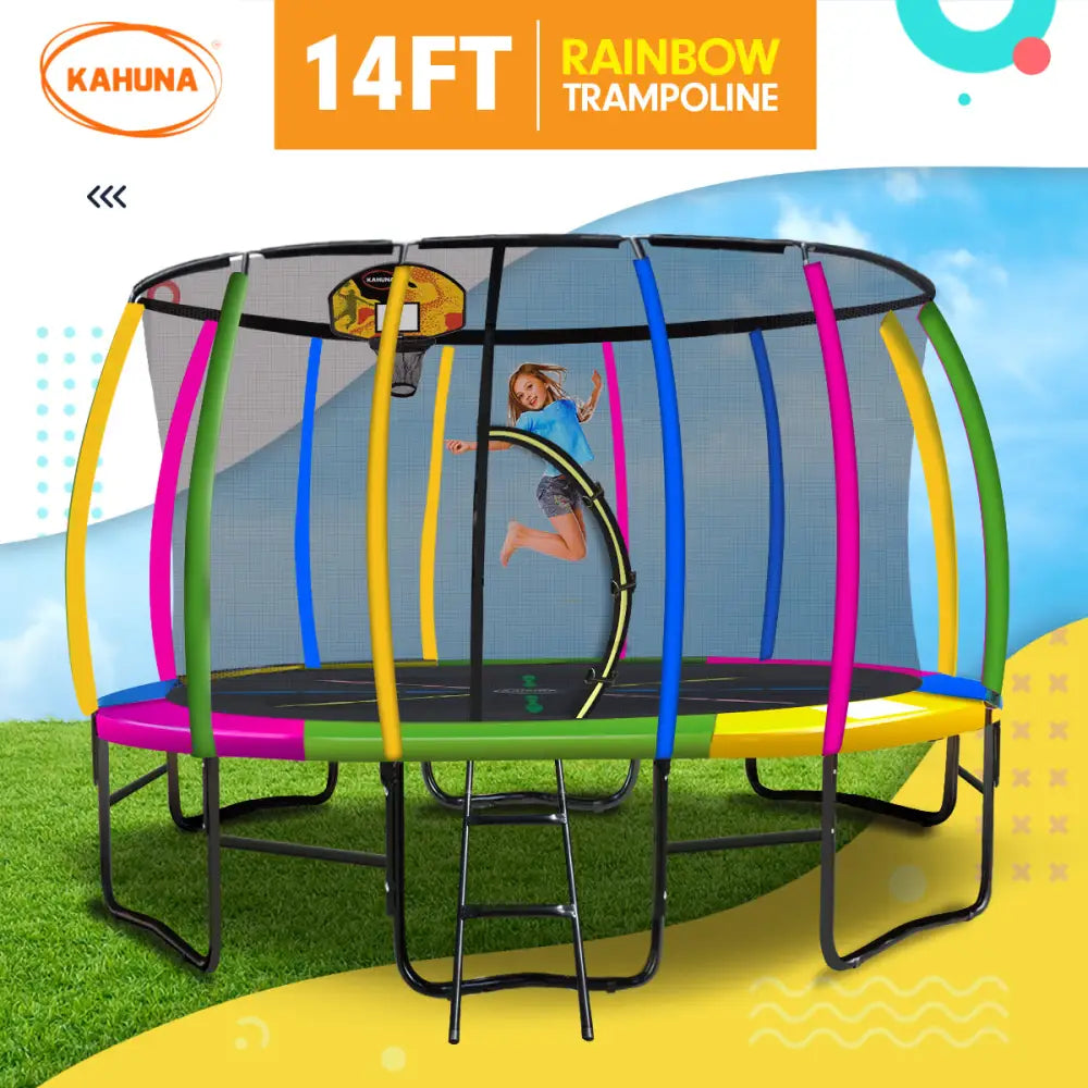Kahuna 14ft Outdoor Trampoline Kids Children with Safety Enclosure Pad Mat Ladder Basketball Hoop Set - Rainbow