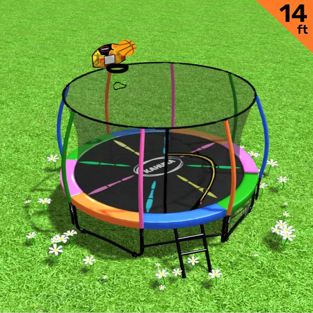 Kahuna 14ft Outdoor Trampoline Kids Children with Safety Enclosure Pad Mat Ladder Basketball Hoop Set - Rainbow