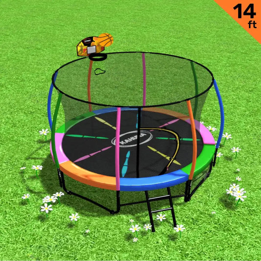 Kahuna 14ft Outdoor Trampoline Kids Children with Safety Enclosure Pad Mat Ladder Basketball Hoop Set - Rainbow