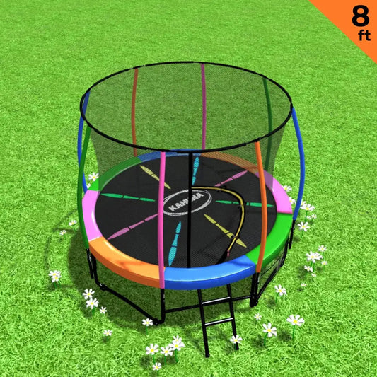 Kahuna 8ft Outdoor Rainbow Trampoline for Kids and Children Suited Fitness Exercise Gymnastics with Safety Enclosure