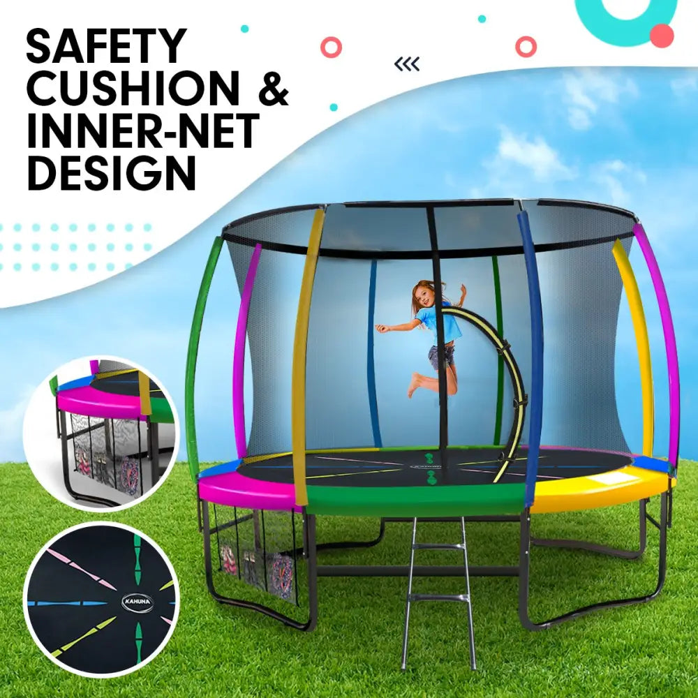 Kahuna 8ft Outdoor Rainbow Trampoline for Kids and Children Suited Fitness Exercise Gymnastics with Safety Enclosure