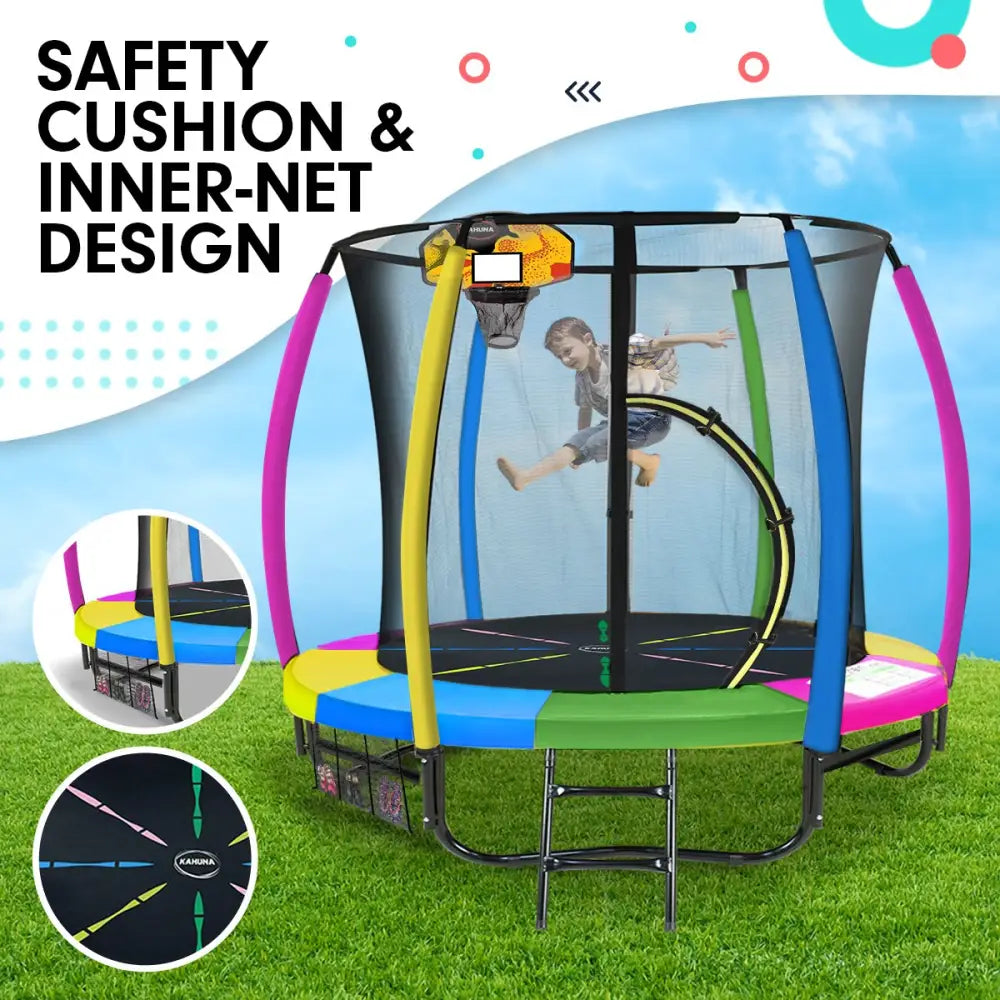 Kahuna 8ft Outdoor Trampoline Kids Children with Safety Enclosure Mat Pad Net Ladder Basketball Hoop Set - Rainbow