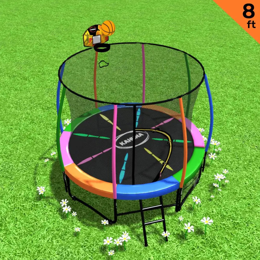 Kahuna 8ft Outdoor Trampoline Kids Children with Safety Enclosure Mat Pad Net Ladder Basketball Hoop Set - Rainbow