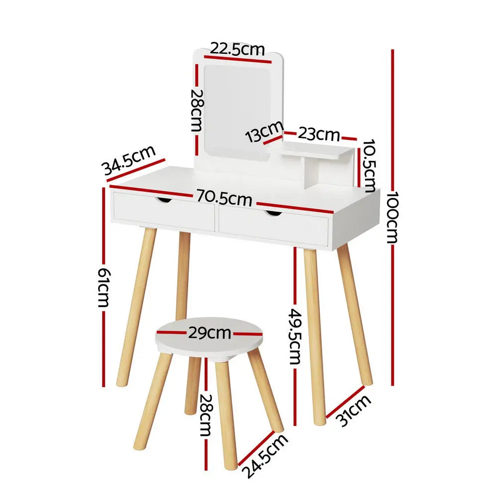 Kids Dressing Table Vanity Makeup Chair Set with Mirror Drawers Wooden Legs