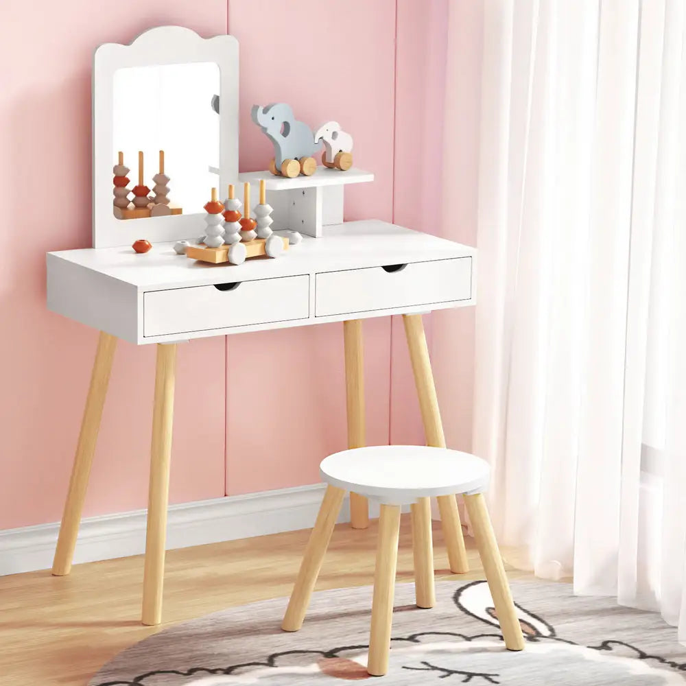 Kids Dressing Table Vanity Makeup Chair Set with Mirror Drawers Wooden Legs