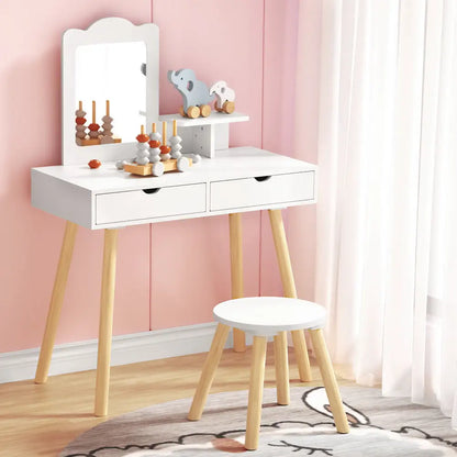 Kids Dressing Table Vanity Makeup Chair Set with Mirror Drawers Wooden Legs