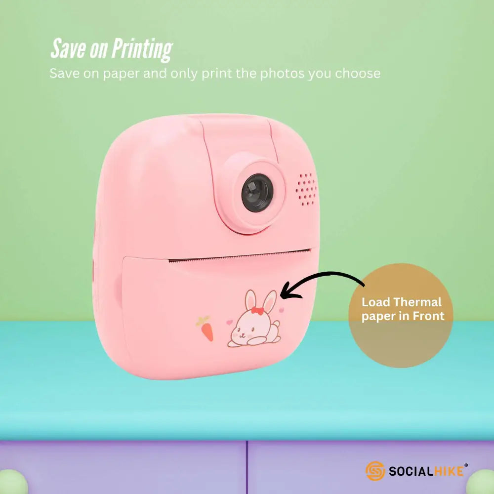 Kids Rechargeable Instant Print Camera Pink - Digital Thermal Photo Video Mp3