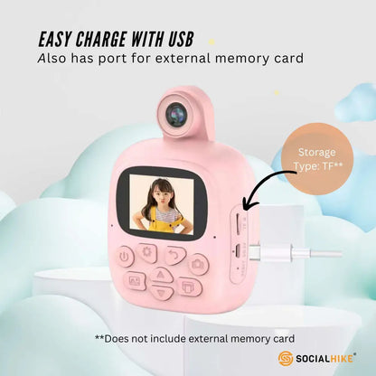 Kids Rechargeable Instant Print Camera Pink - Digital Thermal Photo Video Mp3