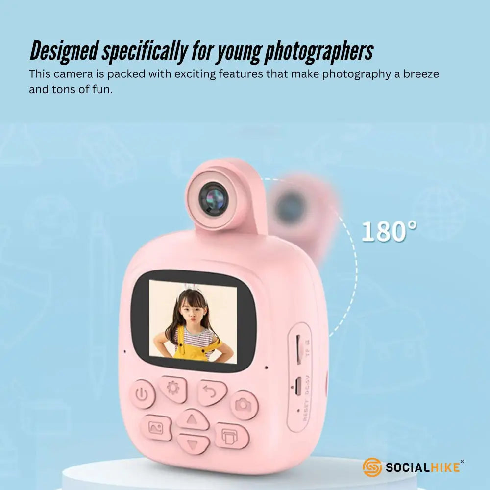 Kids Rechargeable Instant Print Camera Pink - Digital Thermal Photo Video Mp3