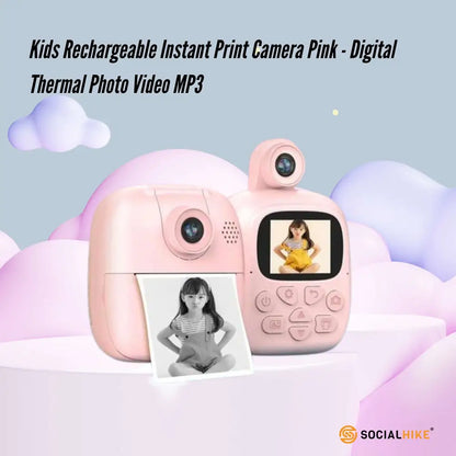 Kids Rechargeable Instant Print Camera Pink - Digital Thermal Photo Video Mp3