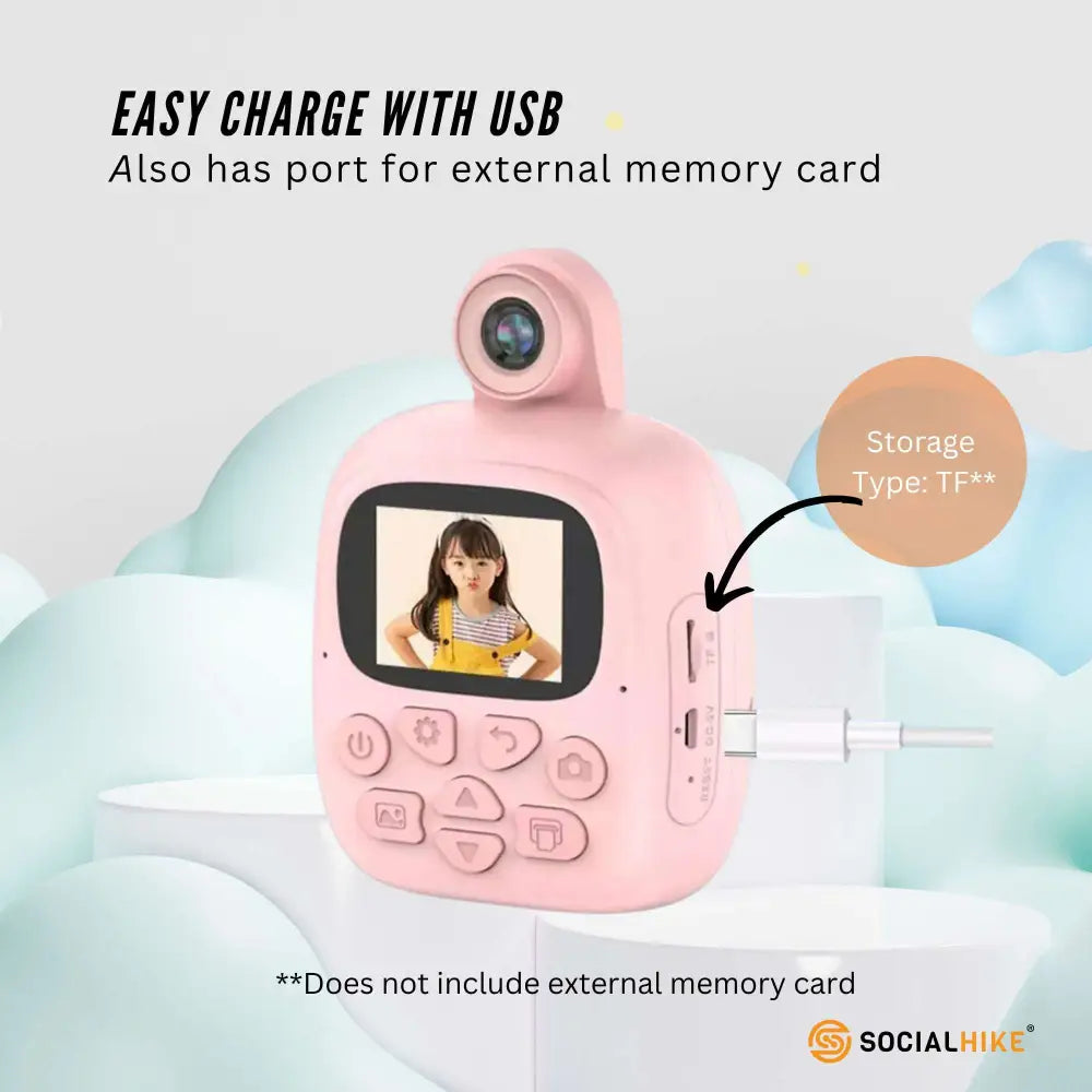 Kids Rechargeable Instant Print Camera Pink - Digital Thermal Photo Video Mp3