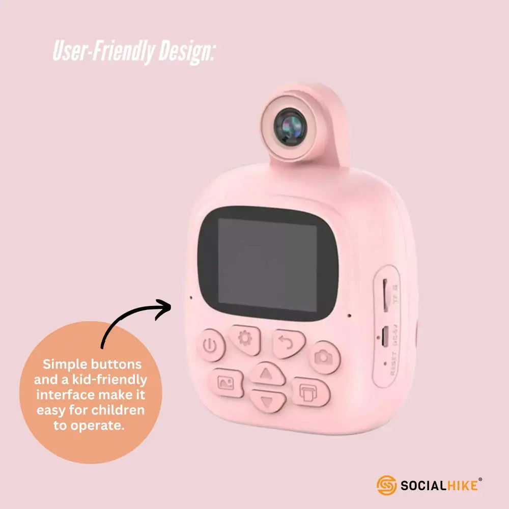 Kids Rechargeable Instant Print Camera Pink - Digital Thermal Photo Video Mp3