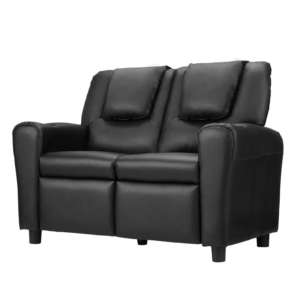 Kids Recliner Chair Double Pu Leather Sofa Lounge Couch Armchair Black
