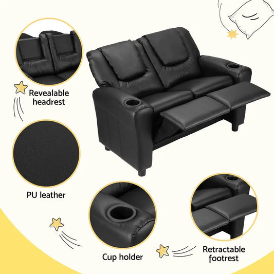 Kids Recliner Chair Double Pu Leather Sofa Lounge Couch Armchair Black