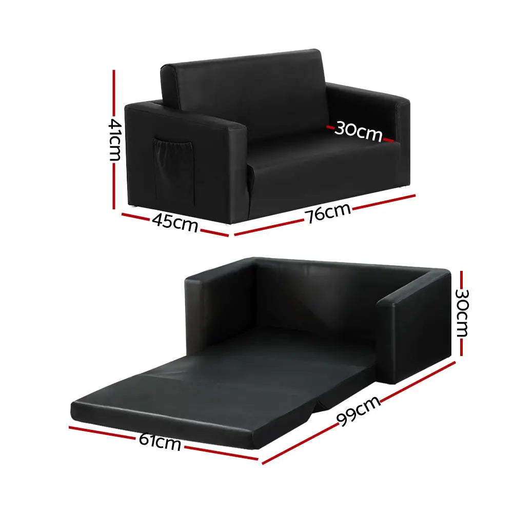 Kids Sofa 2 Seater Children Flip Open Couch Pu Leather Armchair Black