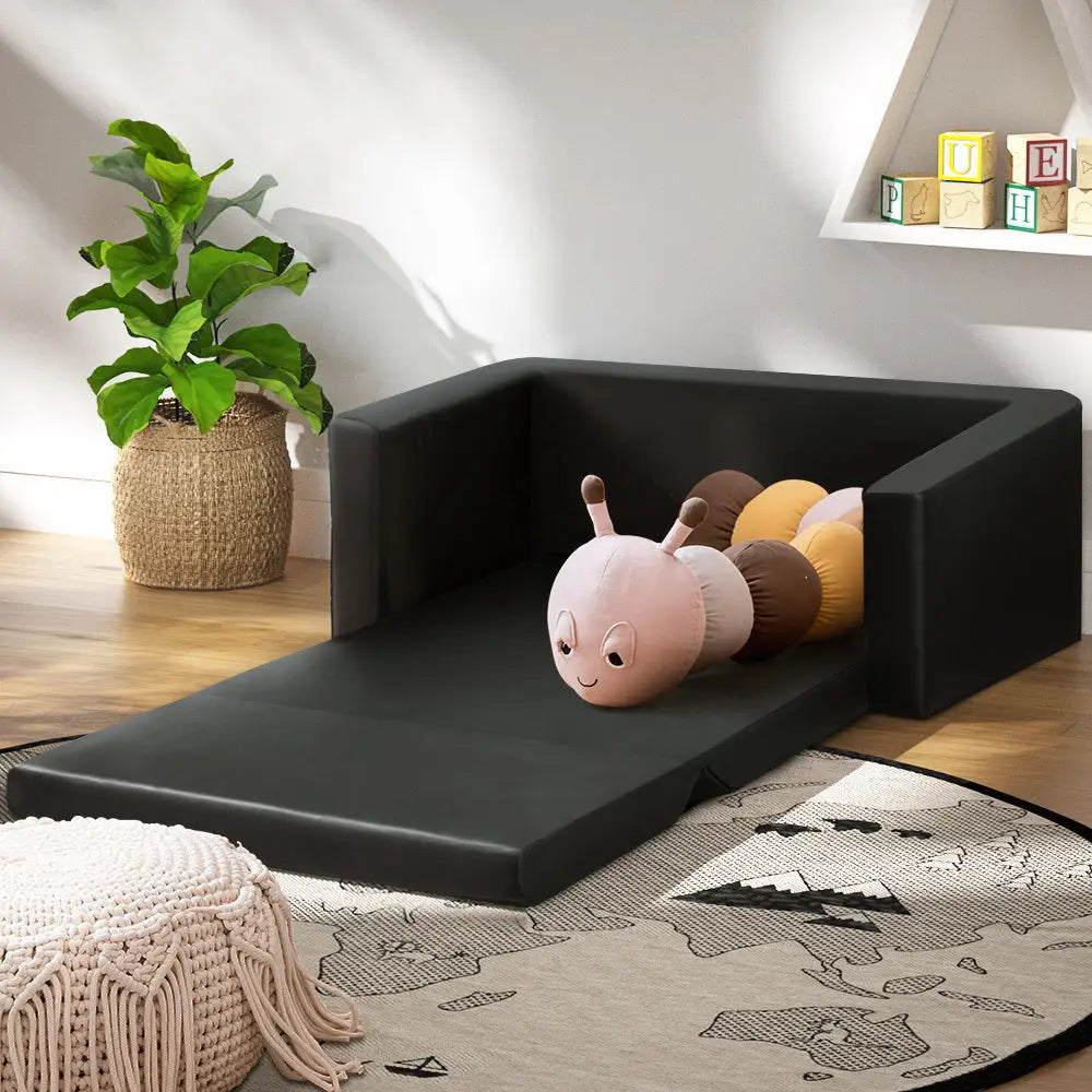 Kids Sofa 2 Seater Children Flip Open Couch Pu Leather Armchair Black