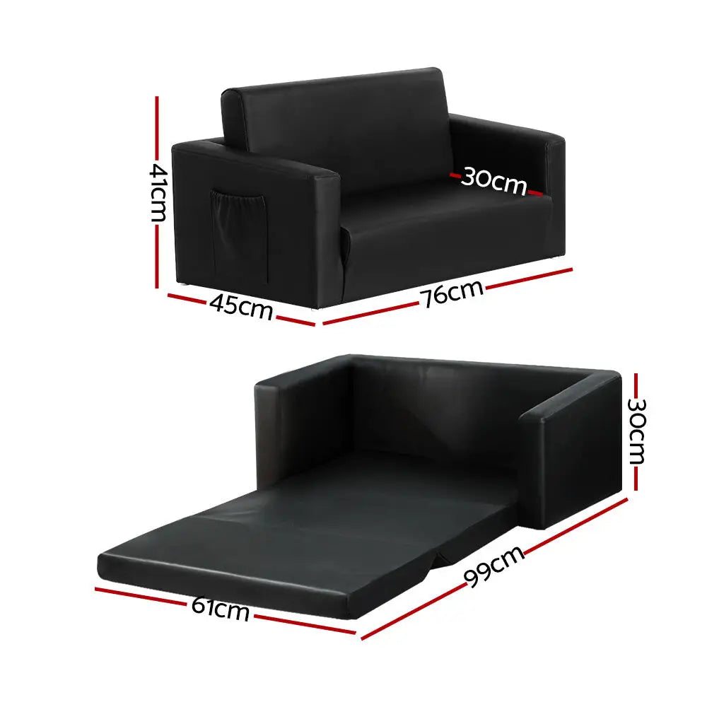 Kids Sofa 2 Seater Children Flip Open Couch Pu Leather Armchair Black