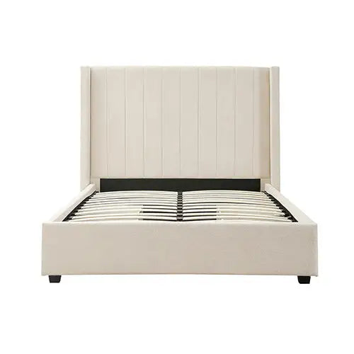 King Size High Rise Headboard Linen Beige Fabric Four Mdf Drawers with Wheels Bed Frame
