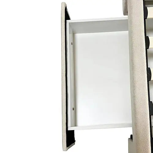King Size High Rise Headboard Linen Beige Fabric Four Mdf Drawers with Wheels Bed Frame