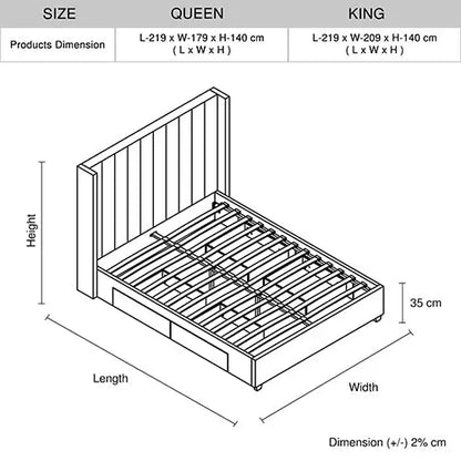 King Size High Rise Headboard Linen Beige Fabric Four Mdf Drawers with Wheels Bed Frame