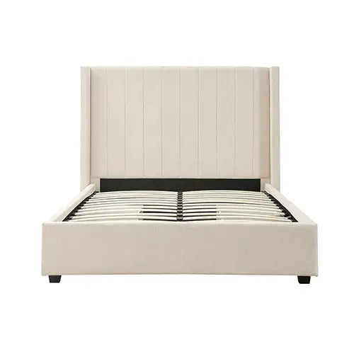 King Size High Rise Headboard Linen Beige Fabric Four Mdf Drawers with Wheels Bed Frame