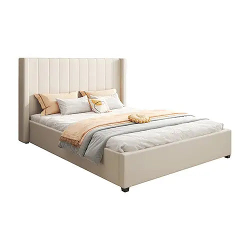 King Size High Rise Headboard Linen Beige Fabric Four Mdf Drawers with Wheels Bed Frame