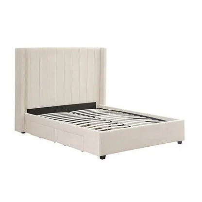 King Size High Rise Headboard Linen Beige Fabric Four Mdf Drawers with Wheels Bed Frame
