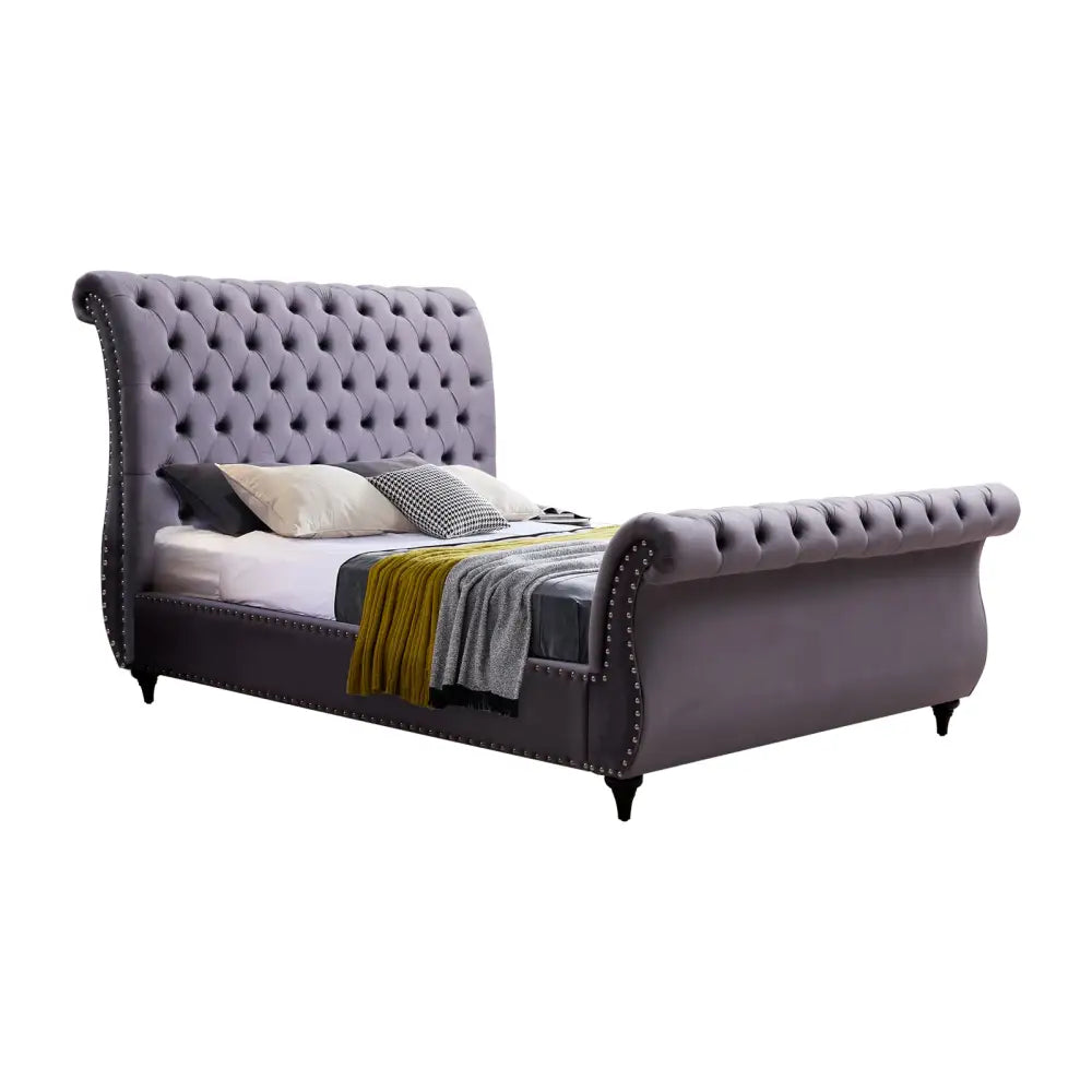 King Size Sleigh Bedframe Velvet Upholstery Grey Colour Tufted Headboard and Footboard Deep Quilting