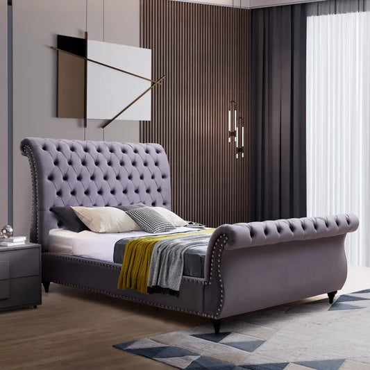King Size Sleigh Bedframe Velvet Upholstery Grey Colour Tufted Headboard and Footboard Deep Quilting