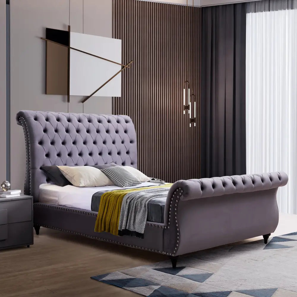 King Size Sleigh Bedframe Velvet Upholstery Grey Colour Tufted Headboard and Footboard Deep Quilting