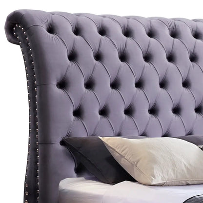King Size Sleigh Bedframe Velvet Upholstery Grey Colour Tufted Headboard and Footboard Deep Quilting