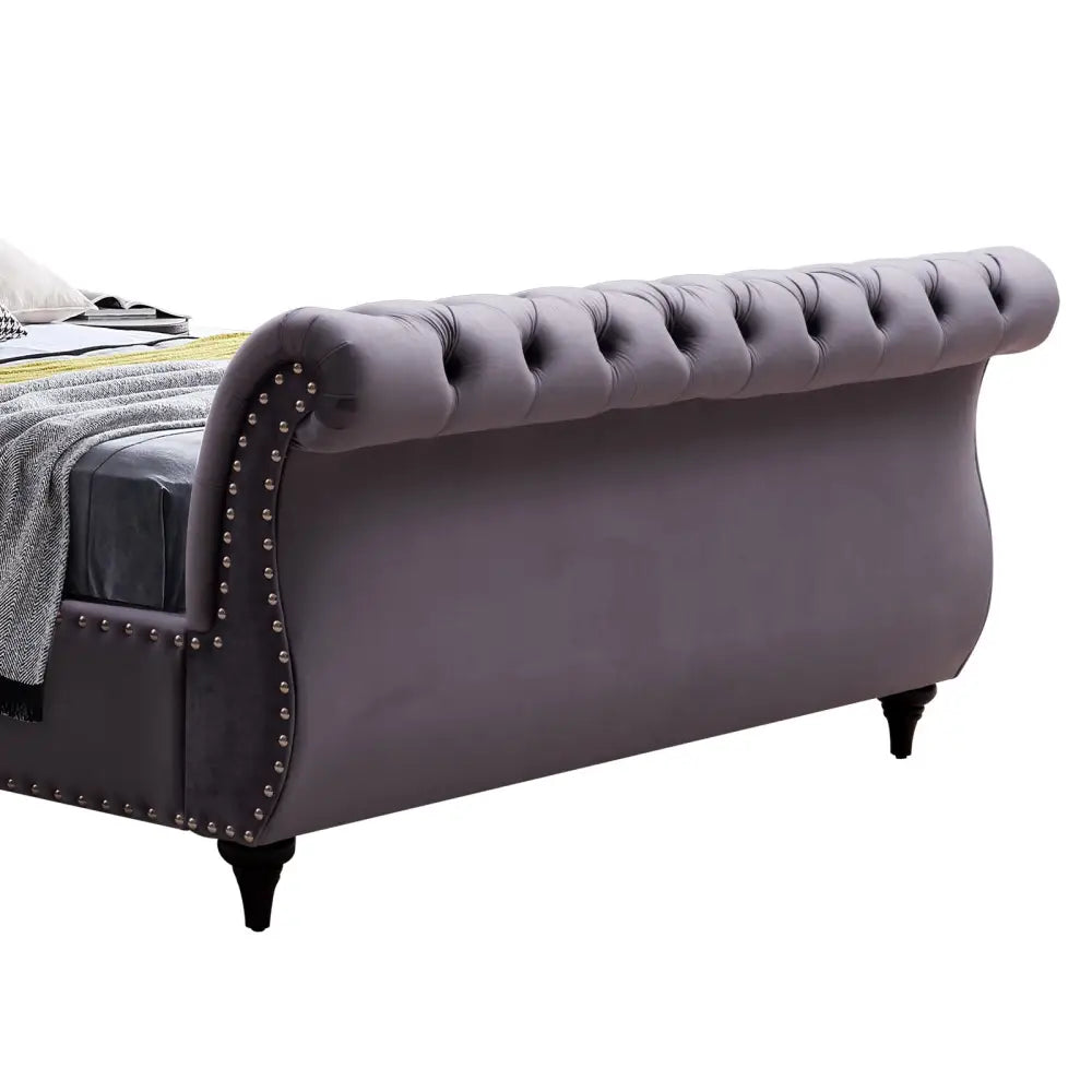 King Size Sleigh Bedframe Velvet Upholstery Grey Colour Tufted Headboard and Footboard Deep Quilting