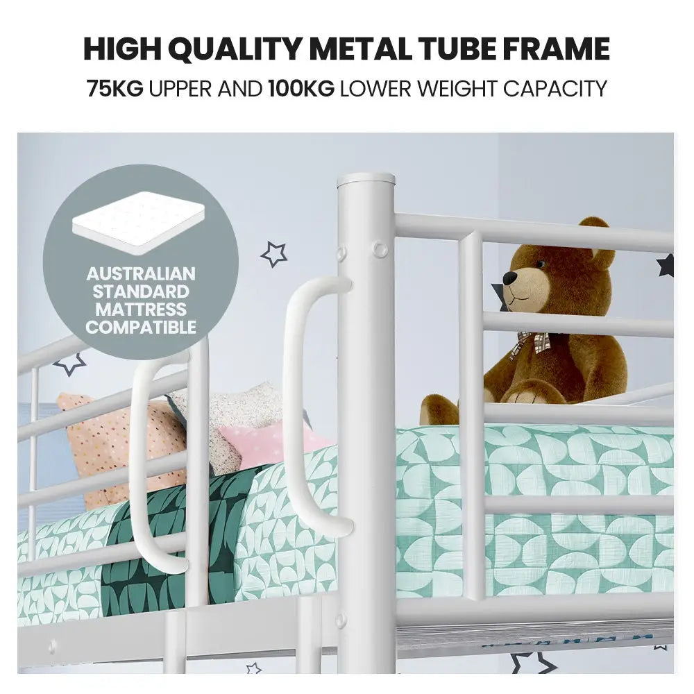 Kingston Slumber 2in1 King Single Metal Bunk Bed Frame with Modular Design Matte White