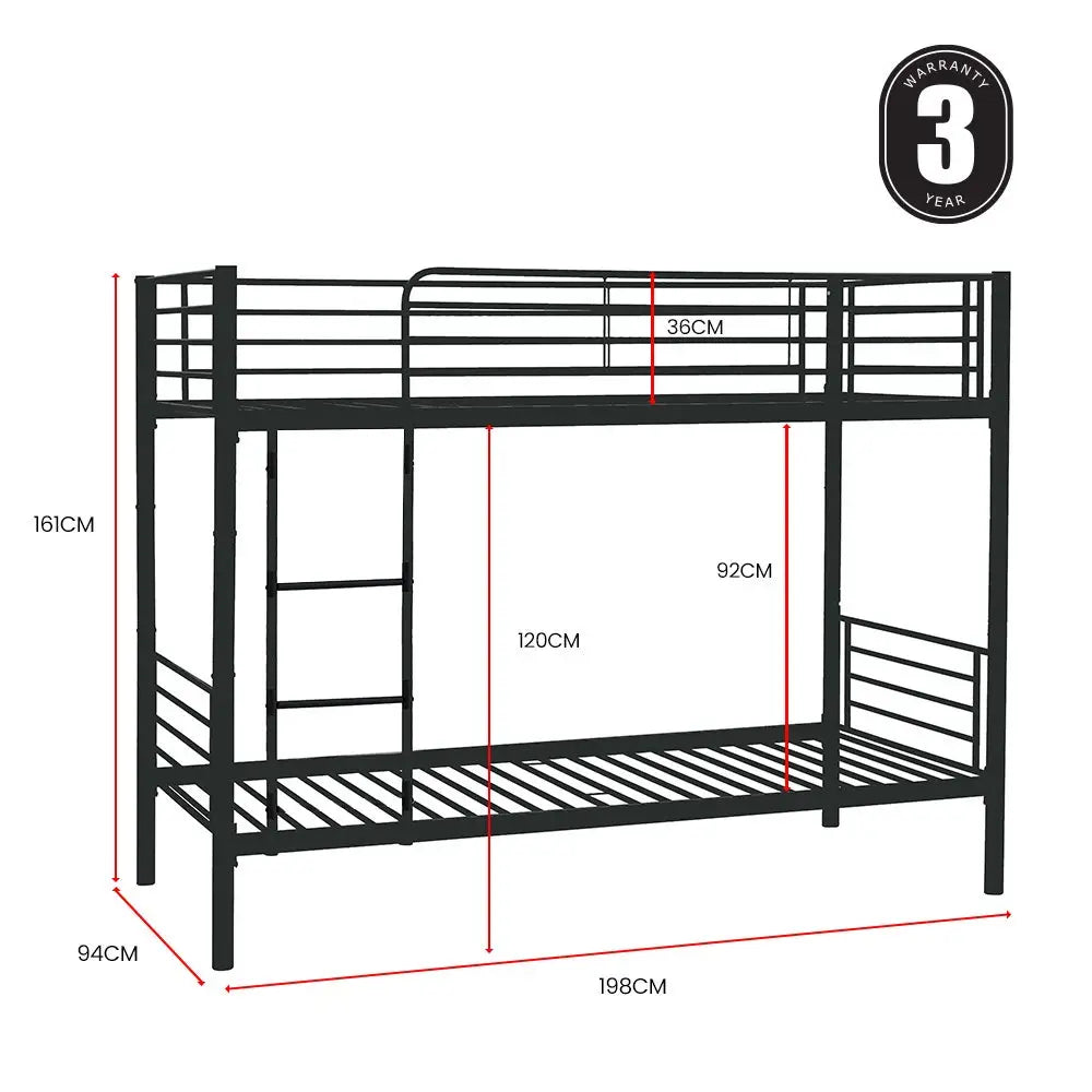 Kingston Slumber 2in1 Single Metal Bunk Bed Frame with Modular Design Dark Matte Grey
