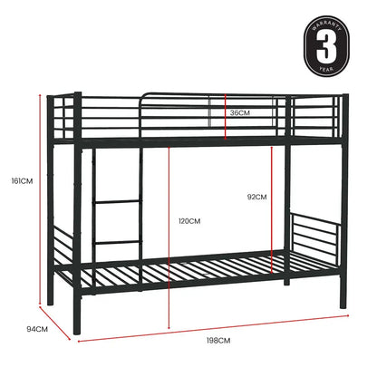 Kingston Slumber 2in1 Single Metal Bunk Bed Frame with Modular Design Dark Matte Grey