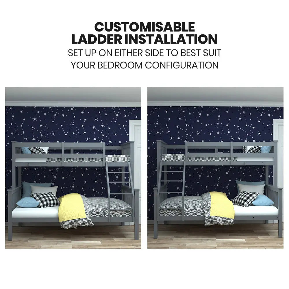 Kingston Slumber Bunk Bed Triple Wooden Single Over Double Beds for Kids Solid Pine Wood Convertible Design Grey