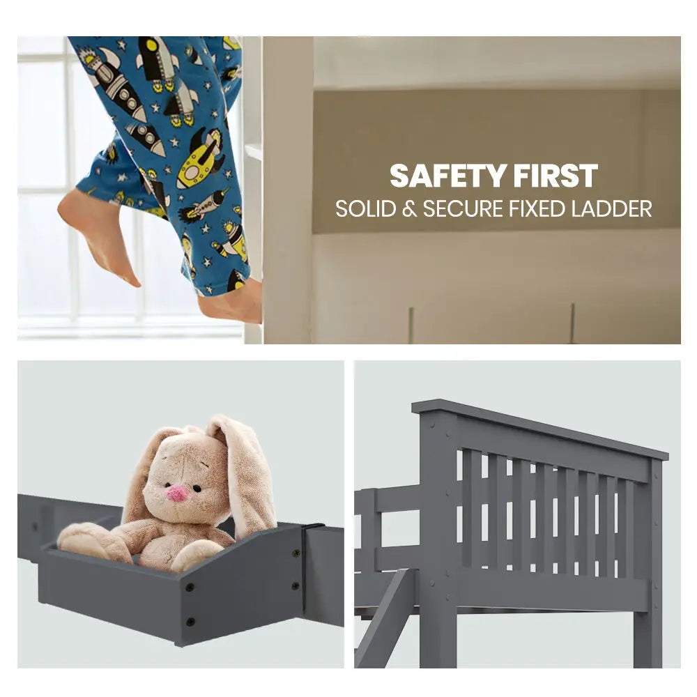 Kingston Slumber Bunk Bed Triple Wooden Single Over Double Beds for Kids Solid Pine Wood Convertible Design Grey