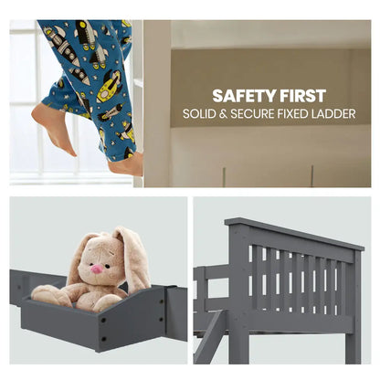 Kingston Slumber Bunk Bed Triple Wooden Single Over Double Beds for Kids Solid Pine Wood Convertible Design Grey