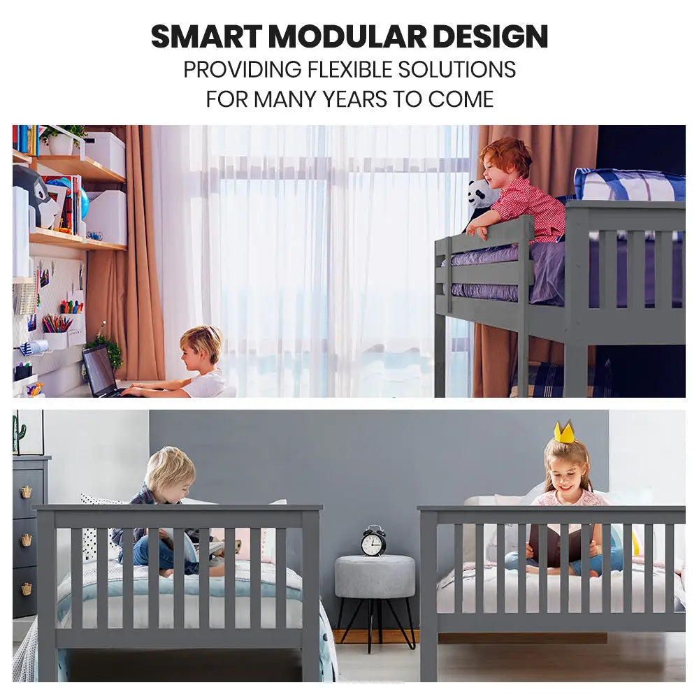 Kingston Slumber Bunk Bed Triple Wooden Single Over Double Beds for Kids Solid Pine Wood Convertible Design Grey