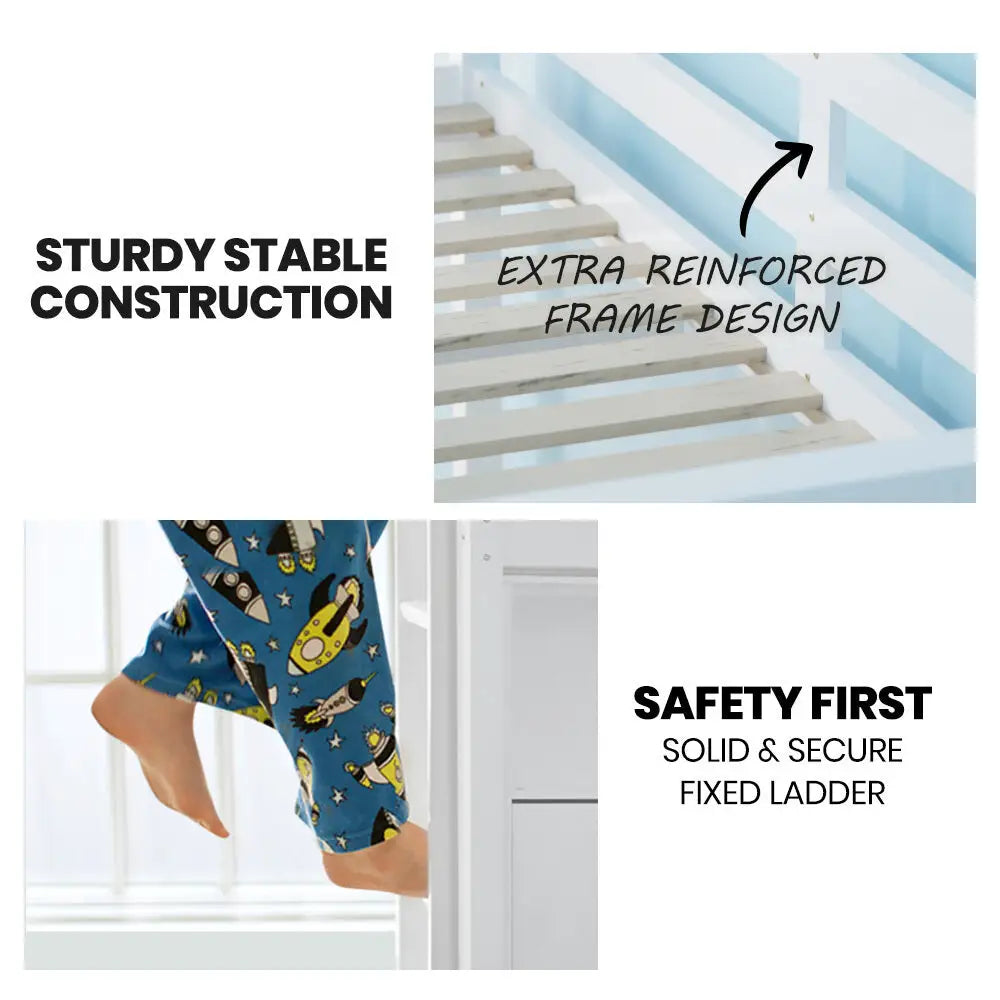 Kingston Slumber Single Bunk Bed Frame Solid Pine 2-in-1 Modular Design White