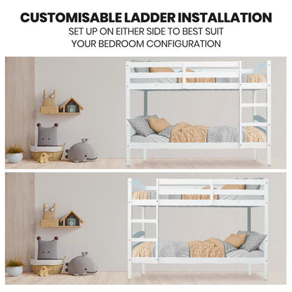 Kingston Slumber Single Bunk Bed Frame Solid Pine 2-in-1 Modular Design White