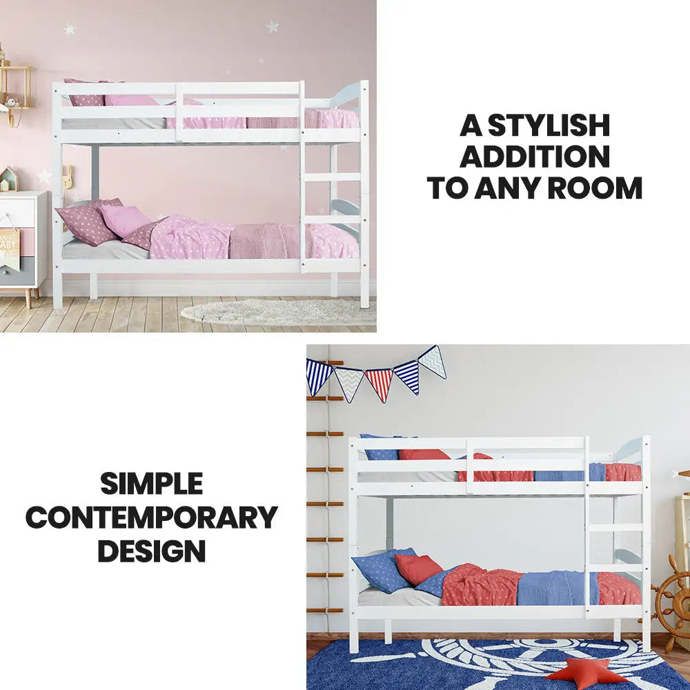 Kingston Slumber Single Bunk Bed Frame Solid Pine 2-in-1 Modular Design White