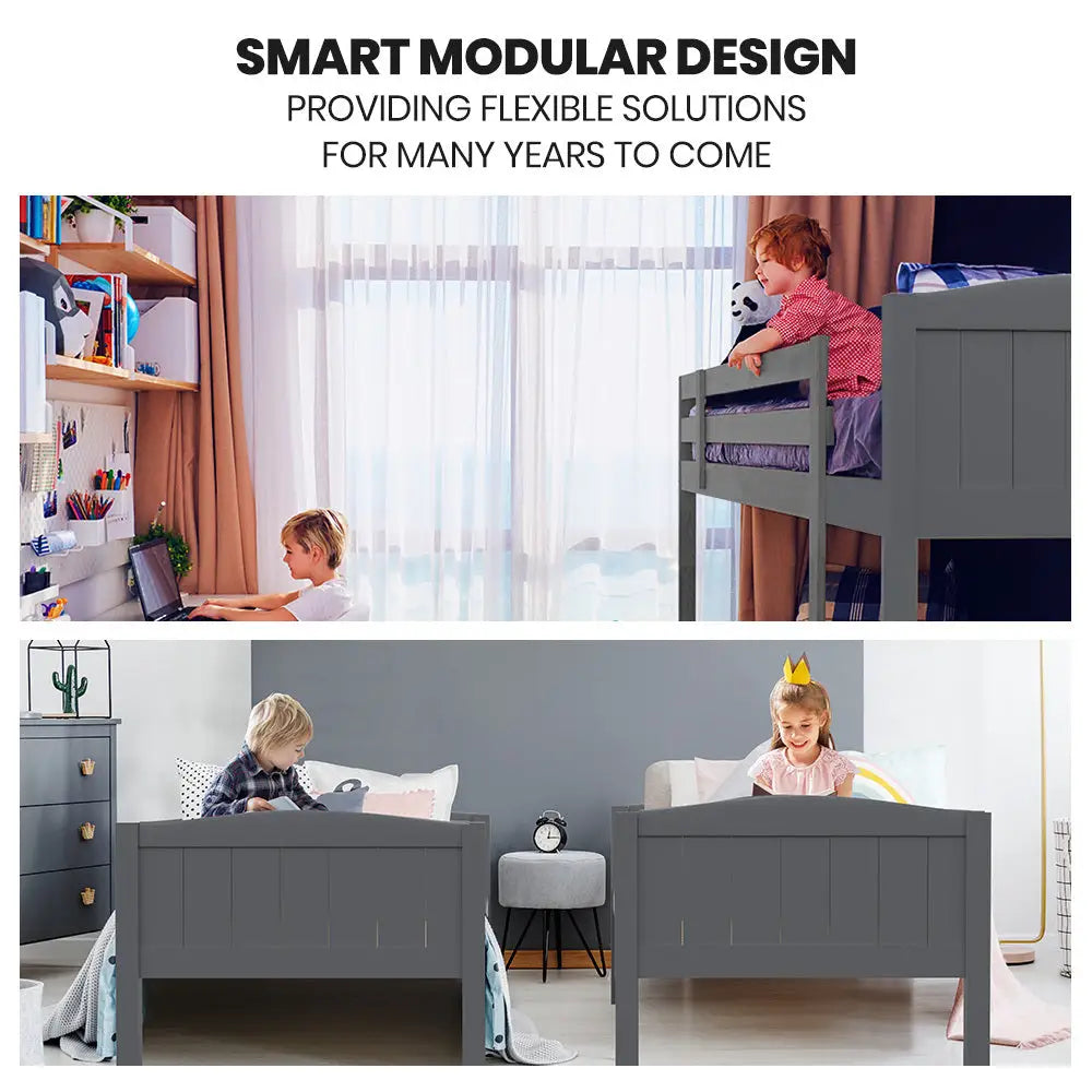Kingston Slumber Single Bunk Bed Frame Solid Pine 2-in-1 Modular Design Convert to 2 Beds Grey