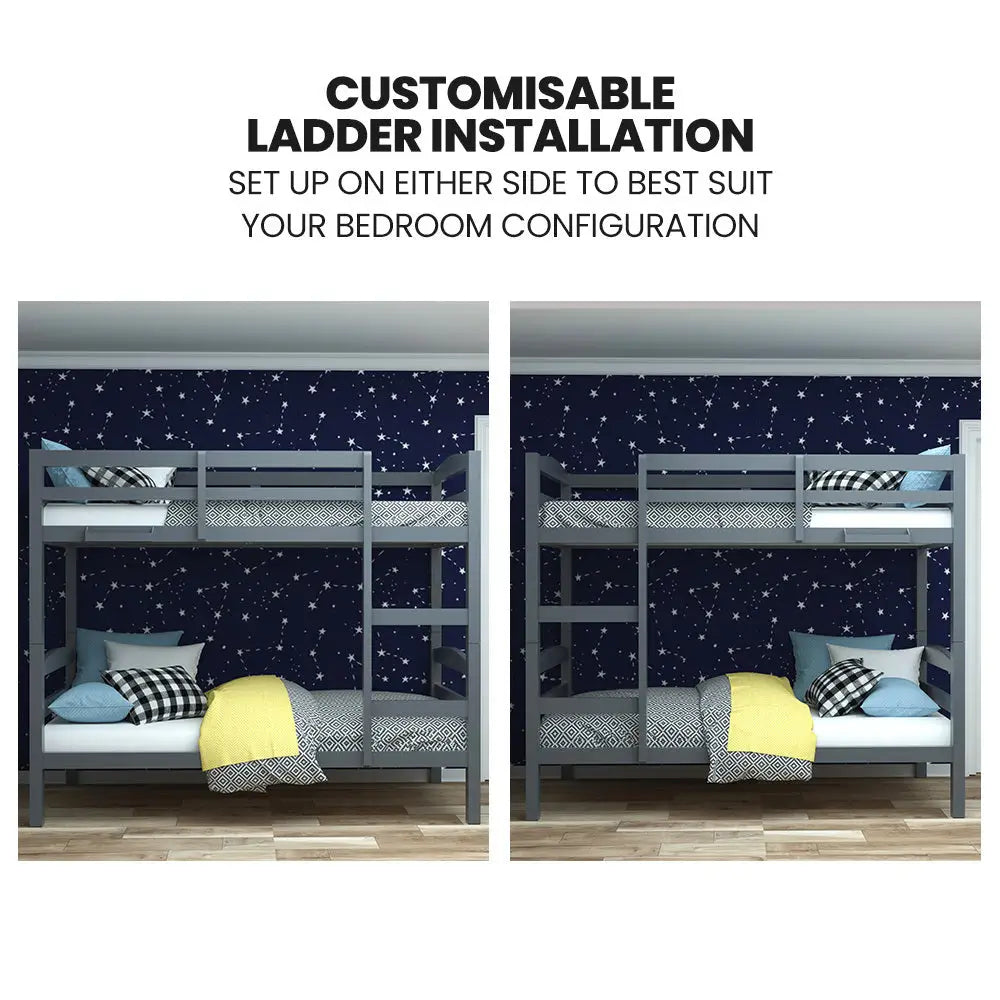 Kingston Slumber Single Bunk Bed Frame Solid Pine 2-in-1 Modular Design Converts to 2 Beds for Kids Grey