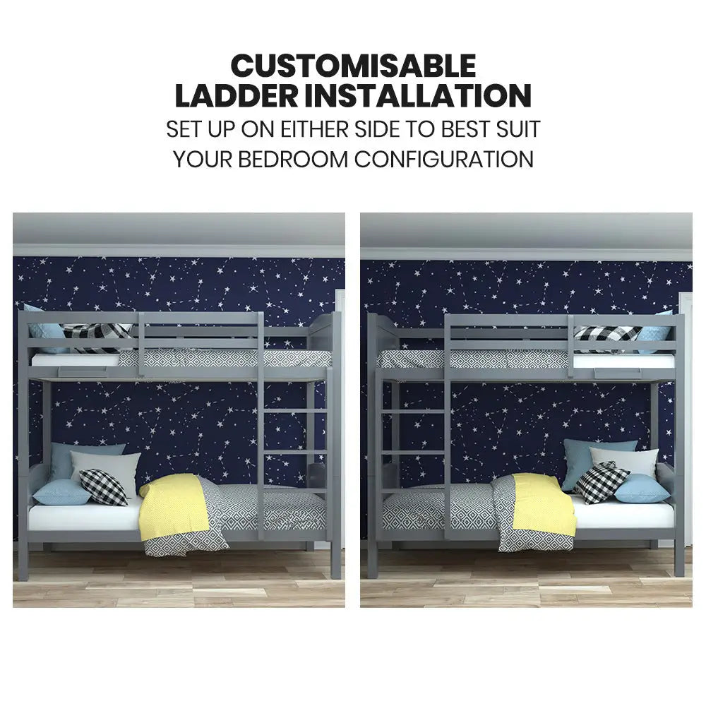 Kingston Slumber Single Bunk Bed Frame Solid Pine 2-in-1 Modular Design Convert to 2 Beds Grey
