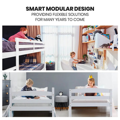 Kingston Slumber Single Bunk Bed Frame Solid Pine 2-in-1 Modular Design White