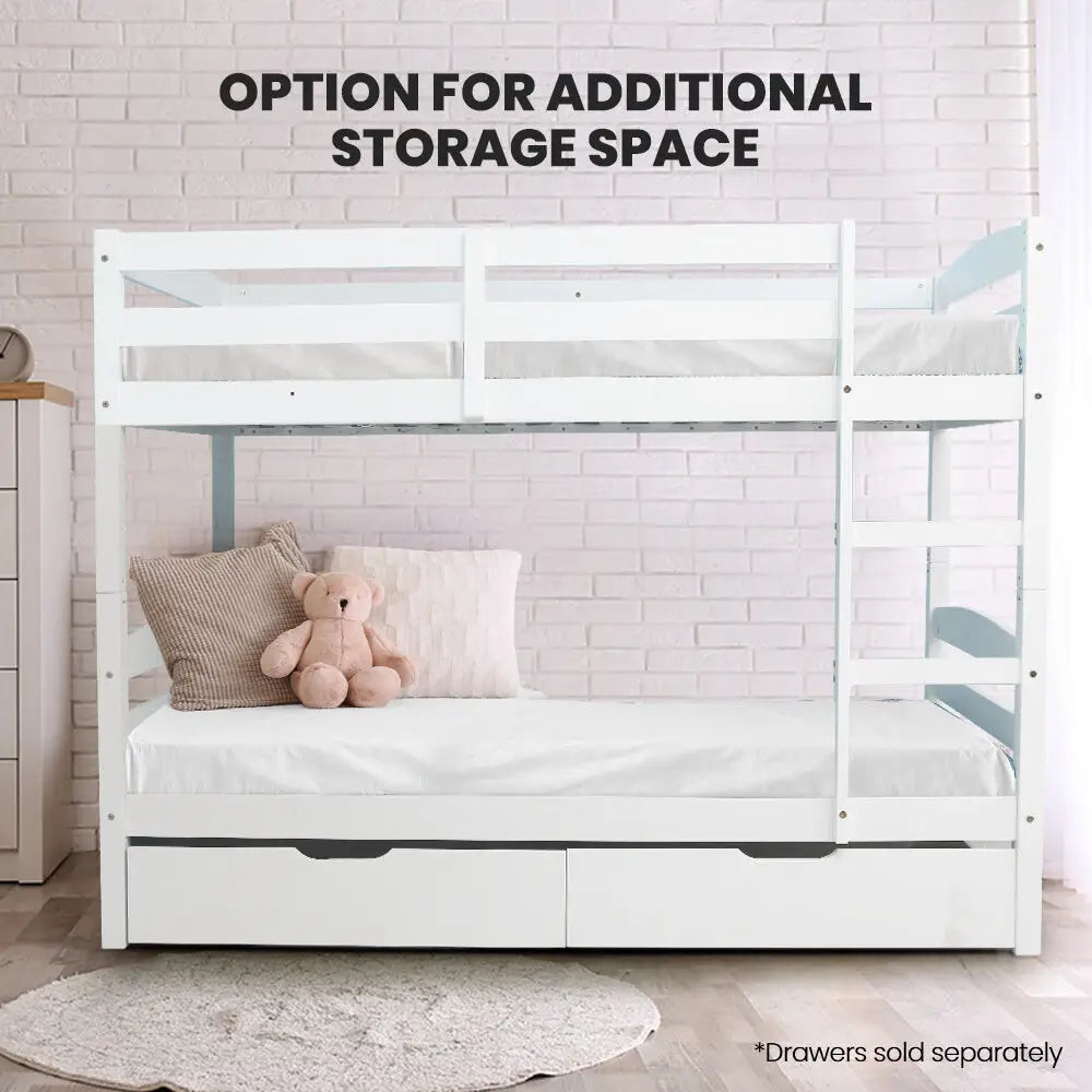 Kingston Slumber Single Bunk Bed Frame Solid Pine 2-in-1 Modular Design White